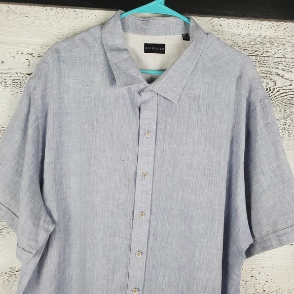 Rochester Button Front Collared Short Sleeves Linen Blue Top Sz 2XL - Picture 2 of 11